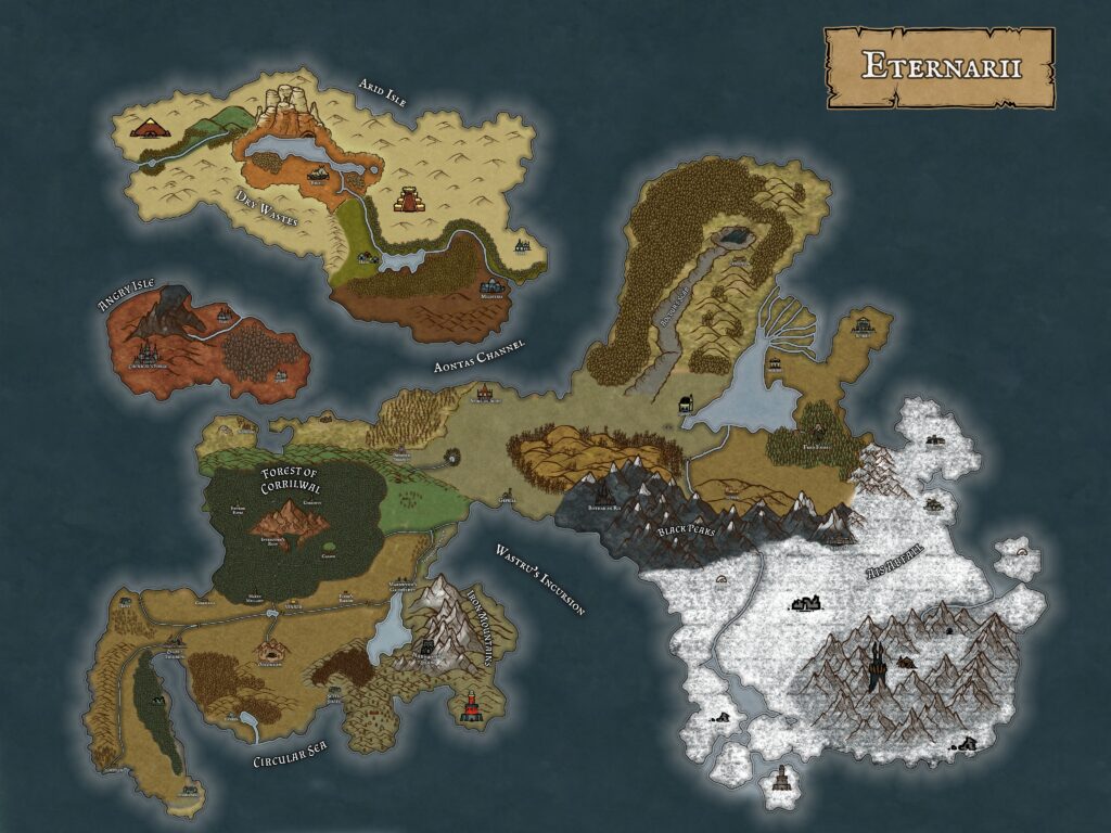 A world map of the ficitonal land of Eternarii